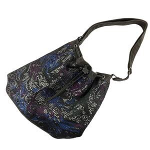 Fabletics Blue Purple Graffiti Black Mesh Jumbo Adjustable Crossbody Bucket Bag